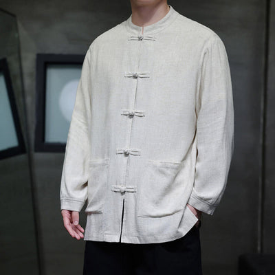 Buddha Stones Casual Plain Color Frog-button Linen Men's Jacket Shirt With Pockets - image 16
