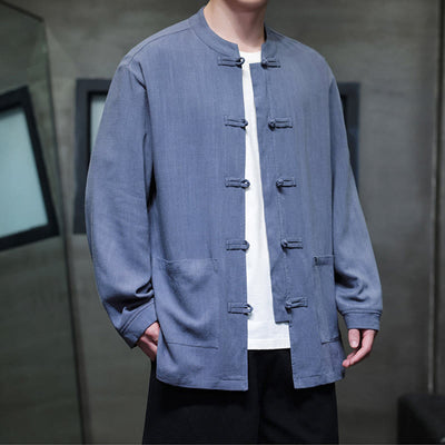 Buddha Stones Casual Plain Color Frog-button Linen Men's Jacket Shirt With Pockets - image 7