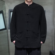 Foviel Casual Plain Color Frog-button Linen Men's Jacket Shirt With Pockets