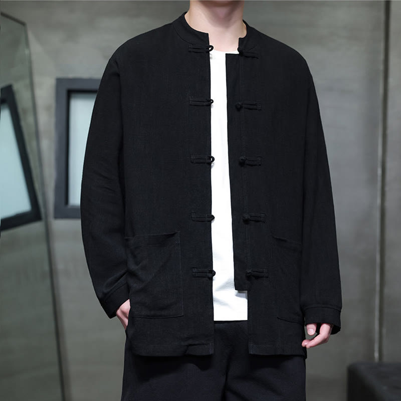 Buddha Stones Casual Plain Color Frog-button Linen Men's Jacket Shirt With Pockets - image 11