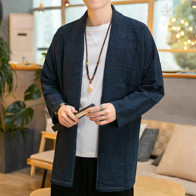 Buddha Stones Fall Simple Loose Plain Linen Blend Men's Mid-length Coat Clothing - Navy - US/UK/AU42，EU52 (3XL) - image 16
