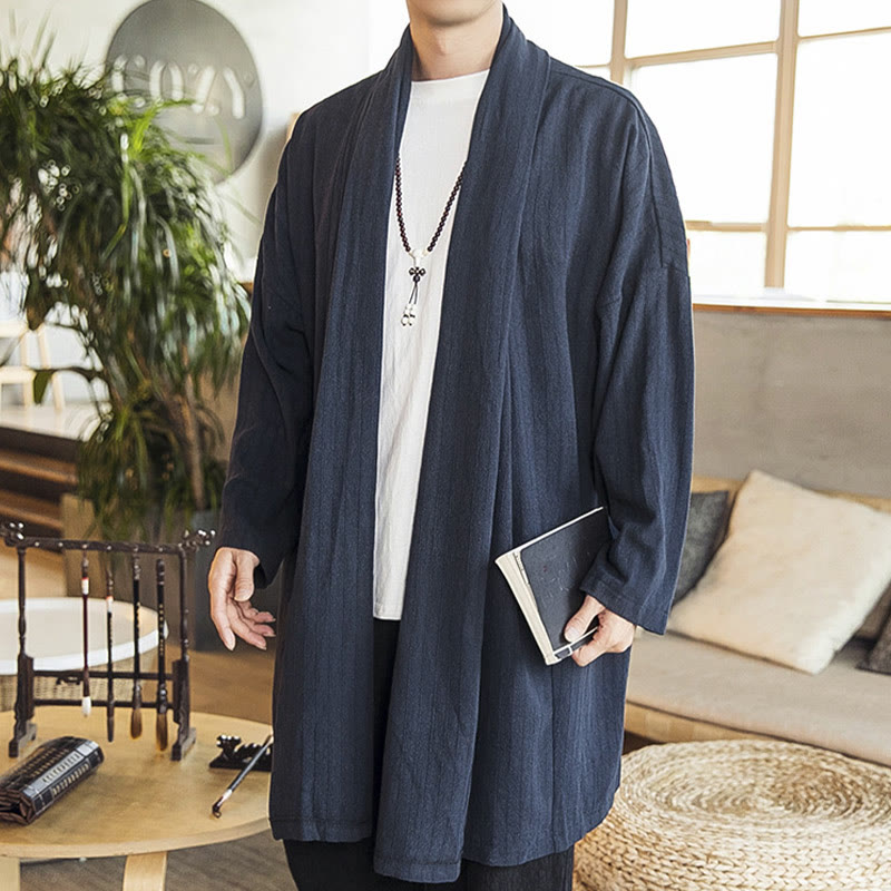 Buddha Stones Fall Simple Casual Loose Plain Linen Blend Men's Mid-length Coat Clothing Men's Coat BS SteelBlue US/UK/AU42，EU52 (3XL)