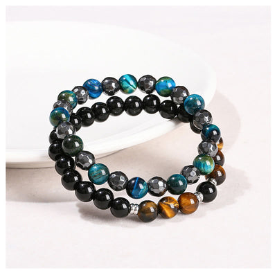 Foviel 2Pcs Hematite Tiger Eye Blue Tiger Eye Powerful Bracelet Set