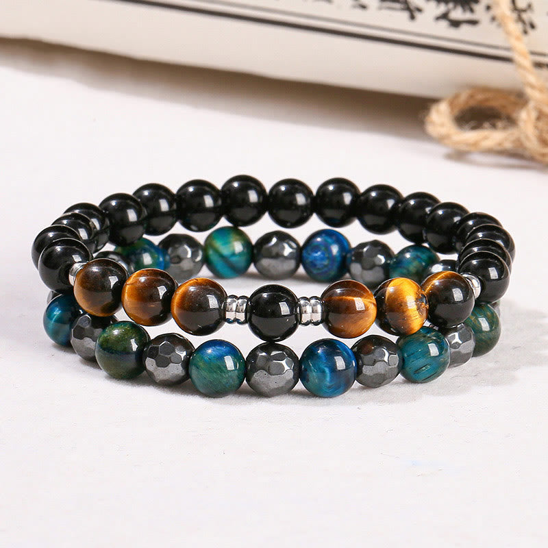 Foviel 2Pcs Hematite Tiger Eye Blue Tiger Eye Powerful Bracelet Set