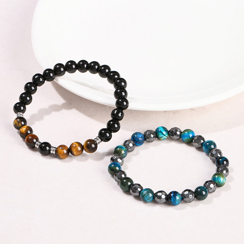 Foviel 2Pcs Hematite Tiger Eye Blue Tiger Eye Powerful Bracelet Set