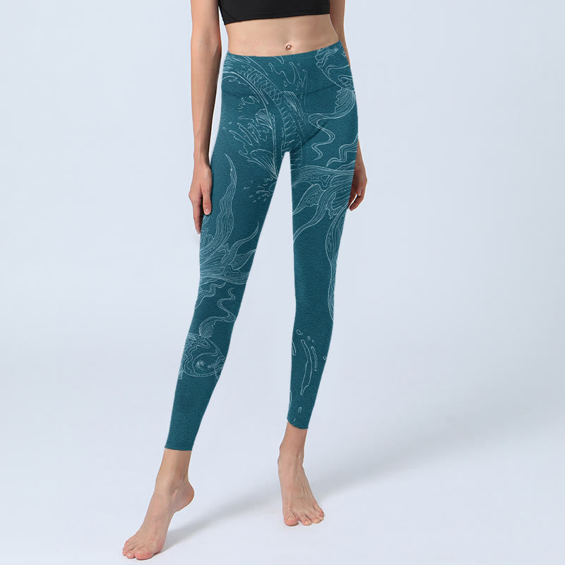 Buddha Stones Blue Koi Fish Flowing Waves Print Gym Leggings Women's Yoga Pants - image 6