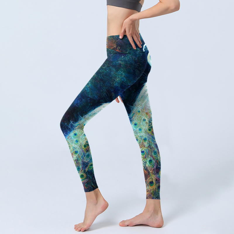 Buddha Stones Blue Peacock Colorful Feathers Print Gym Leggings Women's Yoga Pants - image 2