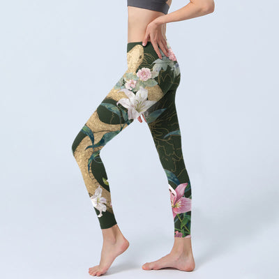Buddha Stones Green Golden Snake Lily Peony Flowers Print Gym Leggings Women's Yoga Pants - image 2