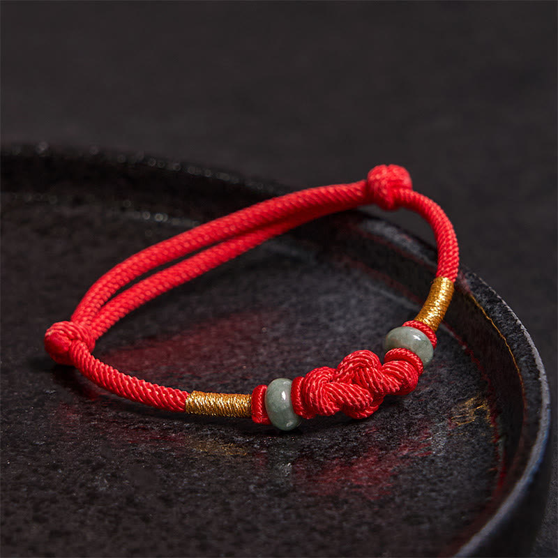 Bracelet couple tressé Foviel à nœud chinois en jade et fil rouge porte-bonheur