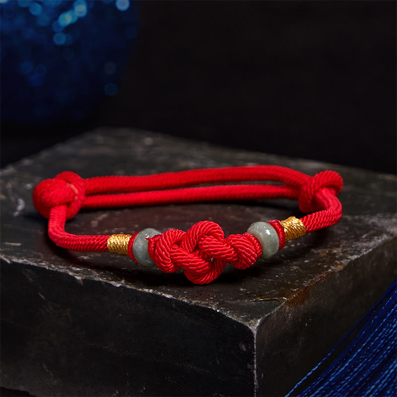 Bracelet couple tressé Foviel à nœud chinois en jade et fil rouge porte-bonheur