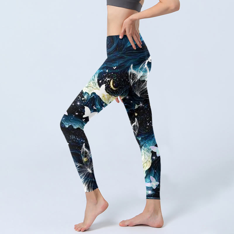 Buddha Stones Blue Butterfly Water Waves Moon Print Gym Leggings Women's Yoga Pants - image 3
