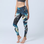 Foviel Blaue Schmetterling Wasserwellen Mond Print Gym Leggings Damen Yogahosen