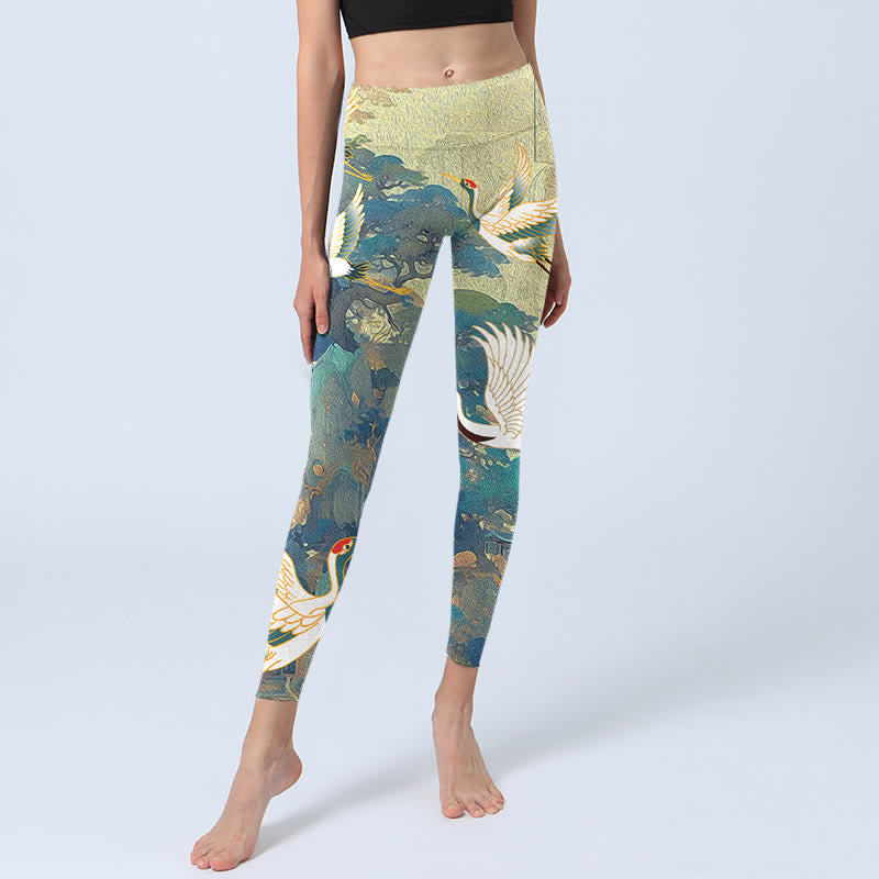 Buddha Stones Blue Red-crowned Crane Pine Tree Print Gym Leggings Women's Yoga Pants - image 5
