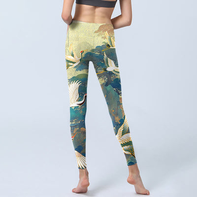 Buddha Stones Blue Red-crowned Crane Pine Tree Print Gym Leggings Women's Yoga Pants - image 6