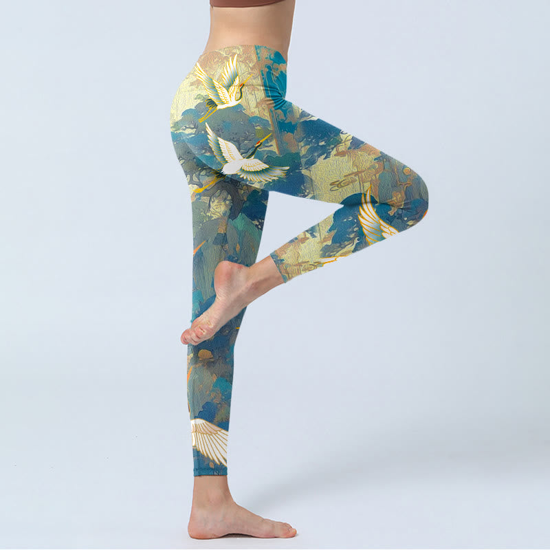 Buddha Stones Blue Red-crowned Crane Pine Tree Print Gym Leggings Women's Yoga Pants - image 3