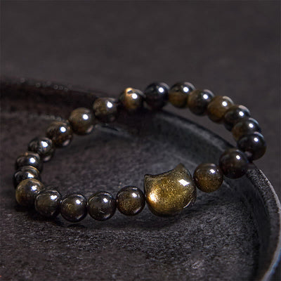 Foviel Gold Sheen Obsidian Silver Sheen Obsidian Lovely Paw Lucky Cat Protection Bracelet