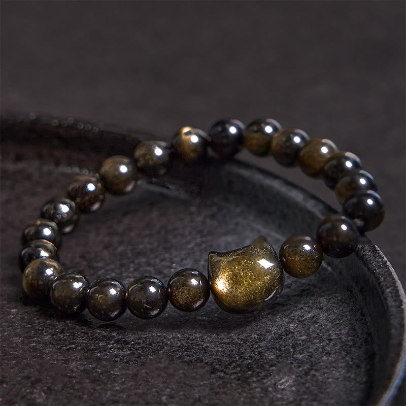 Bracelet de protection Foviel en obsidienne dorée et obsidienne argentée avec adorable chat porte-bonheur en forme de patte