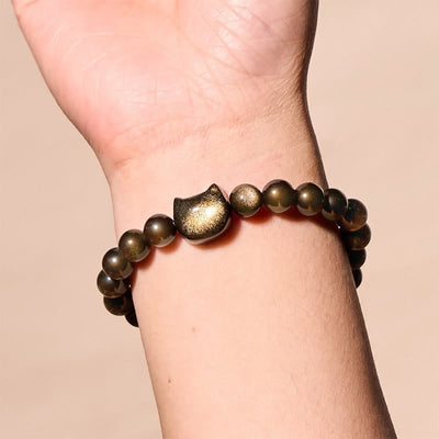 Foviel Gold Sheen Obsidian Silver Sheen Obsidian Lovely Paw Lucky Cat Protection Bracelet