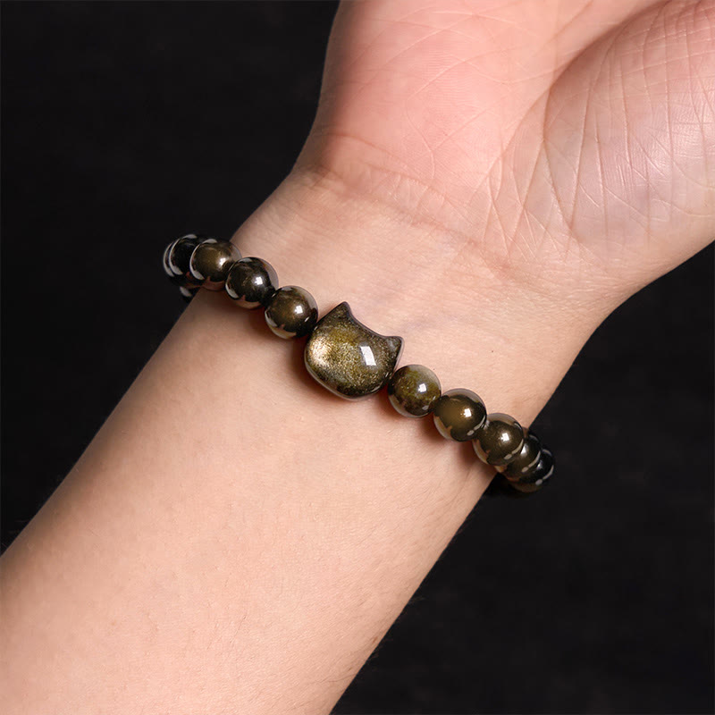 Foviel Gold Sheen Obsidian Silver Sheen Obsidian Lovely Paw Lucky Cat Protection Bracelet