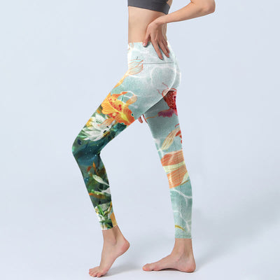 Buddha Stones Green Koi Fish White Lotus Water Ripples Print Gym Leggings Women's Yoga Pants - image 2