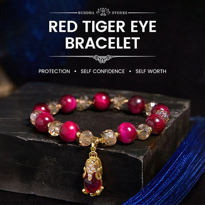 Bracelet de protection Foviel en œil de tigre rouge avec PiXiu et renard pour la confiance en soi