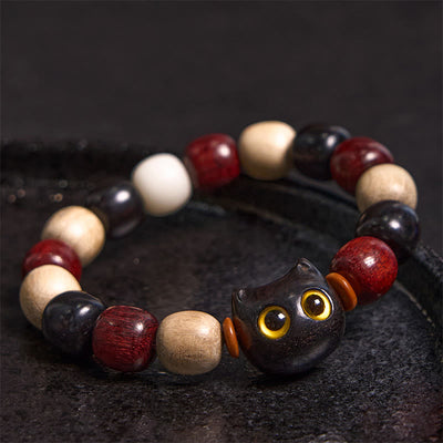 Bracelet de protection Foviel à gravure de chat mignon en bois de santal rouge à petites feuilles et bois d'ébène