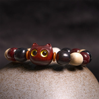 Bracelet de protection Foviel à gravure de chat mignon en bois de santal rouge à petites feuilles et bois d'ébène