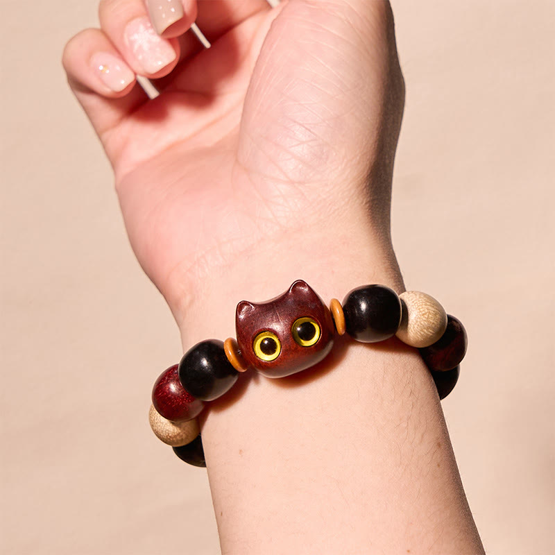 Bracelet de protection Foviel à gravure de chat mignon en bois de santal rouge à petites feuilles et bois d'ébène