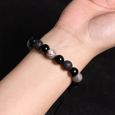 Foviel Black Obsidian Lava Rock Stone Yin Yang Strength Bracelet