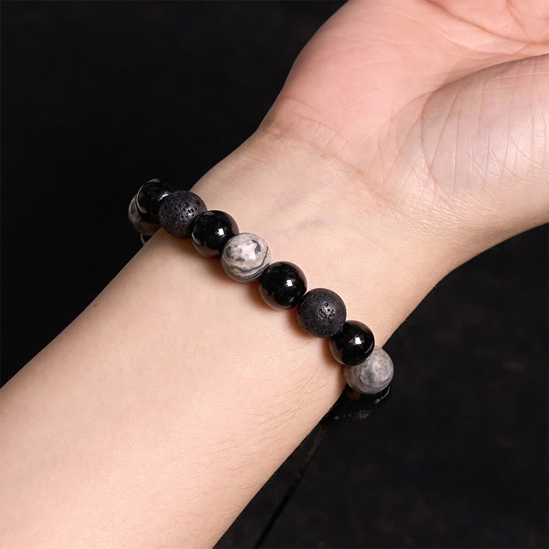 Foviel Black Obsidian Lava Rock Stone Yin Yang Strength Bracelet