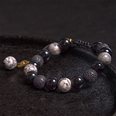 Foviel Black Obsidian Lava Rock Stone Yin Yang Strength Bracelet