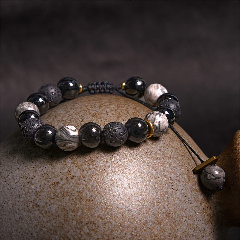 Foviel Black Obsidian Lava Rock Stone Yin Yang Strength Bracelet