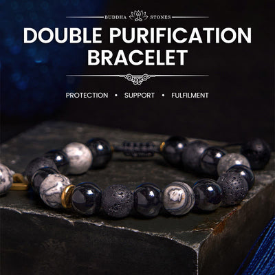Foviel Black Obsidian Lava Rock Stone Yin Yang Strength Bracelet
