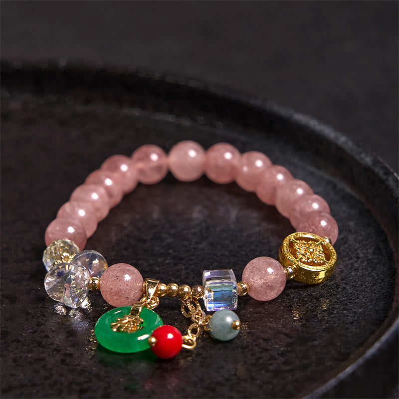 Foviel Erdbeerquarz Jade Fu Charakter Charm Heilendes Armband