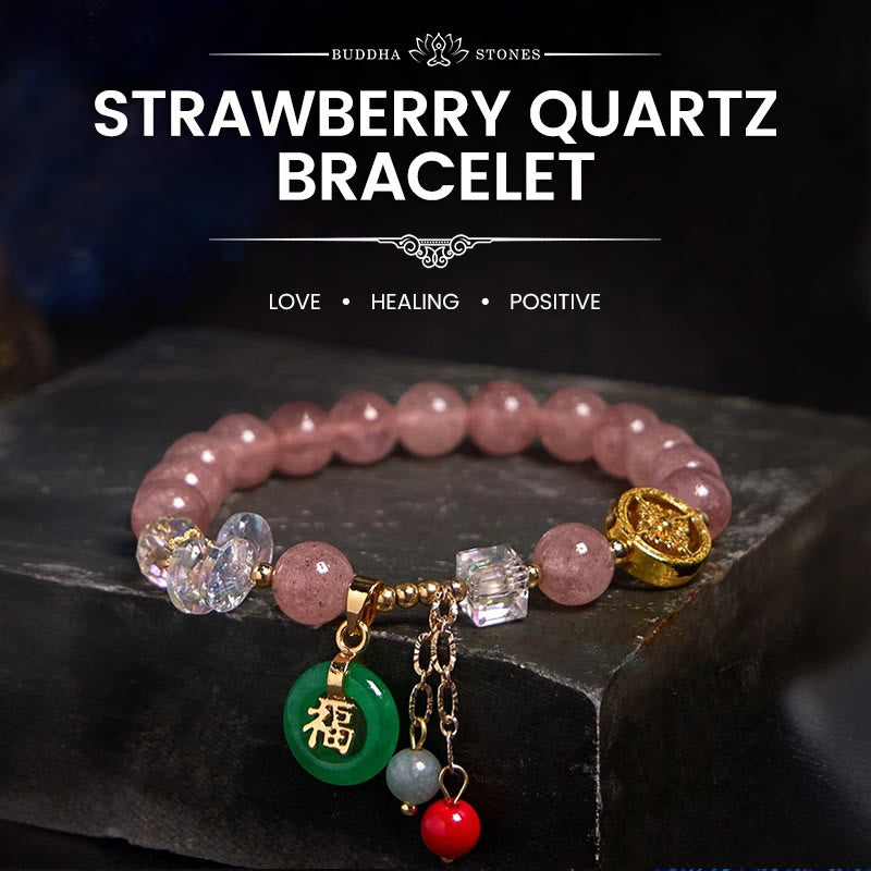 Foviel Erdbeerquarz Jade Fu Charakter Charm Heilendes Armband