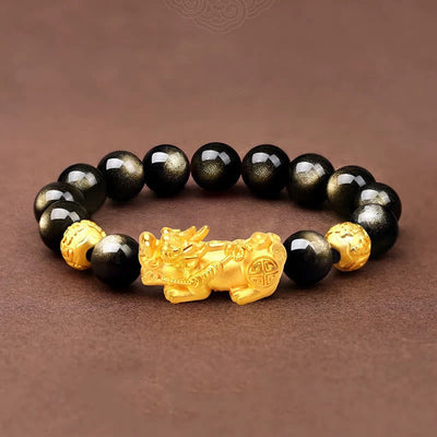 Foviel Natural Gold Sheen Obsidian PiXiu Om Mani Padme Hum Wealth Bracelet