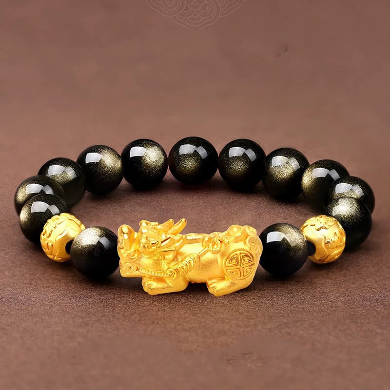 Foviel Natürliches Gold Sheen Obsidian PiXiu Om Mani Padme Hum Reichtum Armband
