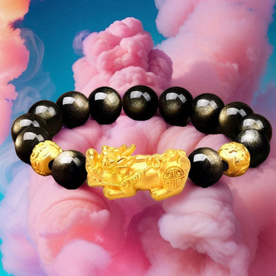 Foviel Natural Gold Sheen Obsidian PiXiu Om Mani Padme Hum Wealth Bracelet