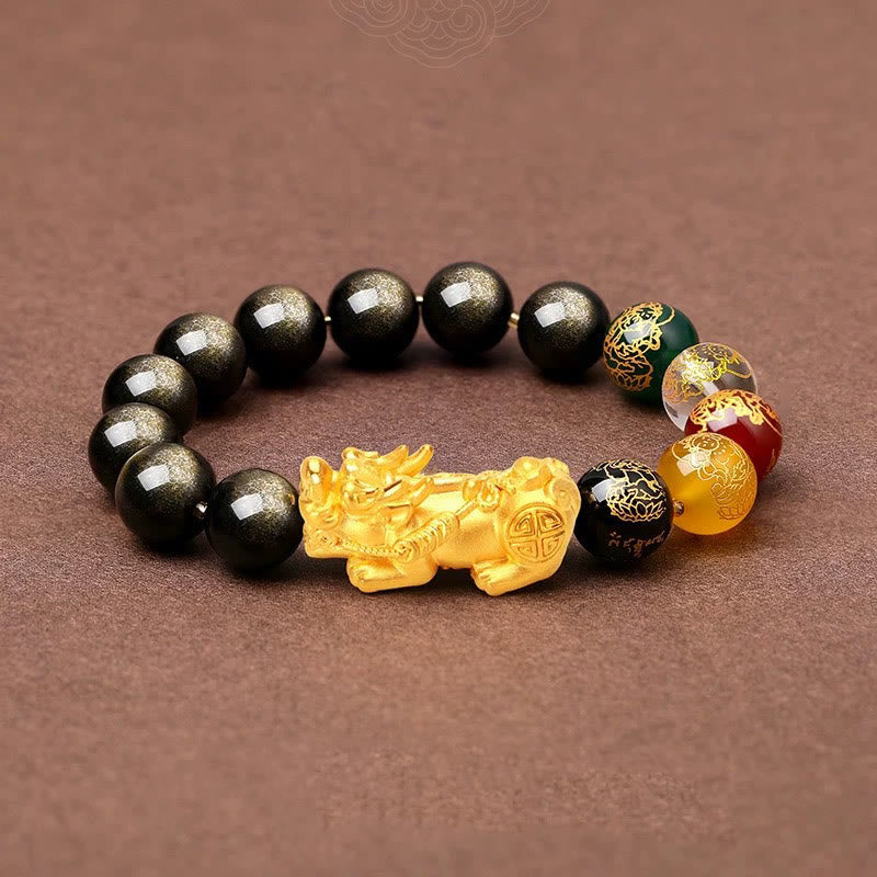 Bracelet de protection Foviel en obsidienne à reflets dorés naturels avec Pixiu et les dieux de la richesse des cinq directions