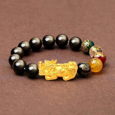 Bracelet de protection Foviel en obsidienne à reflets dorés naturels avec Pixiu et les dieux de la richesse des cinq directions
