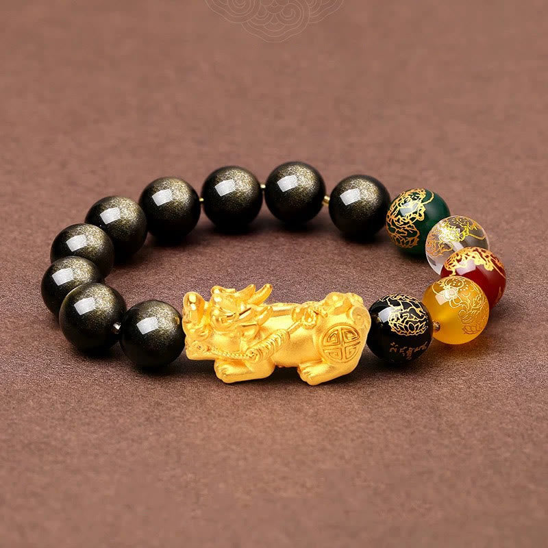 Bracelet de protection Foviel en obsidienne à reflets dorés naturels avec Pixiu et les dieux de la richesse des cinq directions