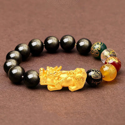 Bracelet de protection Foviel en obsidienne à reflets dorés naturels avec Pixiu et les dieux de la richesse des cinq directions