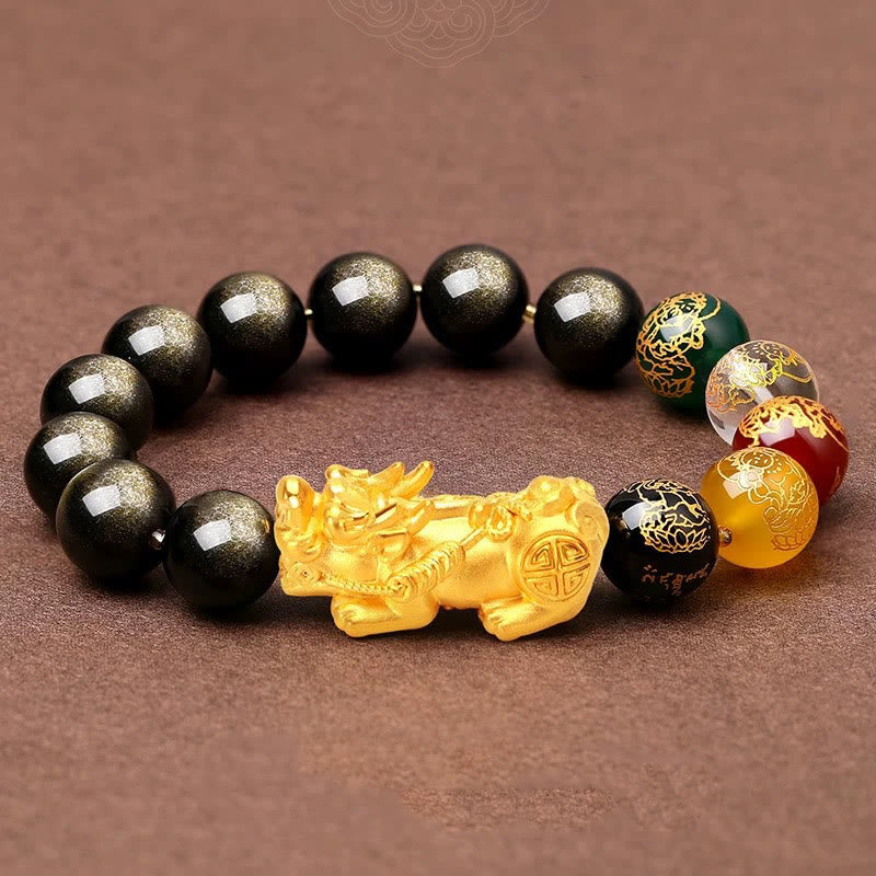 Bracelet de protection Foviel en obsidienne à reflets dorés naturels avec Pixiu et les dieux de la richesse des cinq directions