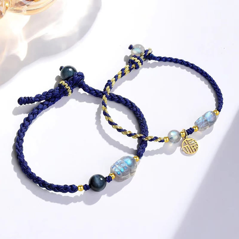 Foviel Moonstone PiXiu Blue Tiger Eye Fu Character Healing Couple String Bracelet