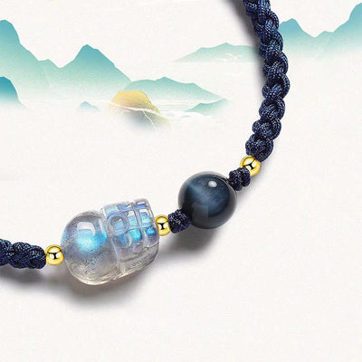 Foviel Moonstone PiXiu Blau Tigerauge Fu Charakter spirituell Paar String Armband