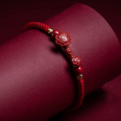 Buddha Stones Handmade Cinnabar Ruyi Handle Fu Character PiXiu Blessing Red String Braided Bracelet Bracelet BS 14