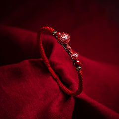 Buddha Stones Handmade Cinnabar Ruyi Handle Fu Character PiXiu Blessing Red String Braided Bracelet Bracelet BS Cinnabar Fu Character(Wrist Circumference: 14-20cm)