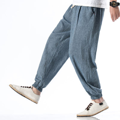 Foviel Casual Solid Color Drawstring Linen Men's Pants With Pockets