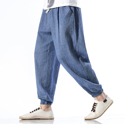 Foviel Casual Solid Color Drawstring Linen Men's Pants With Pockets