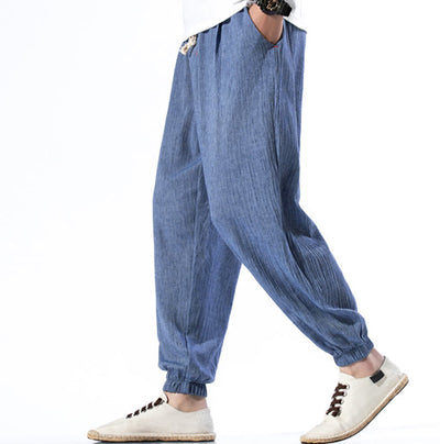 Foviel Casual Solid Color Drawstring Linen Men's Pants With Pockets